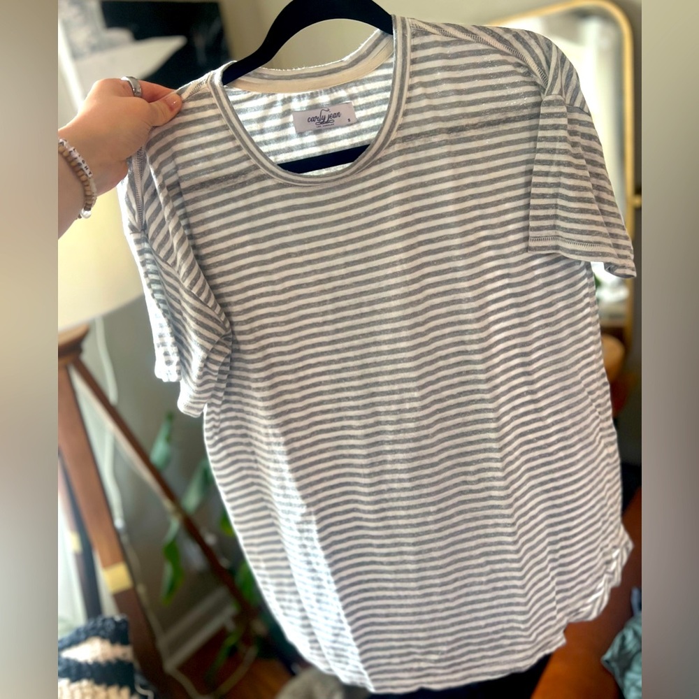CJLA Short Sleeved Linen-Blend Striped Shirt